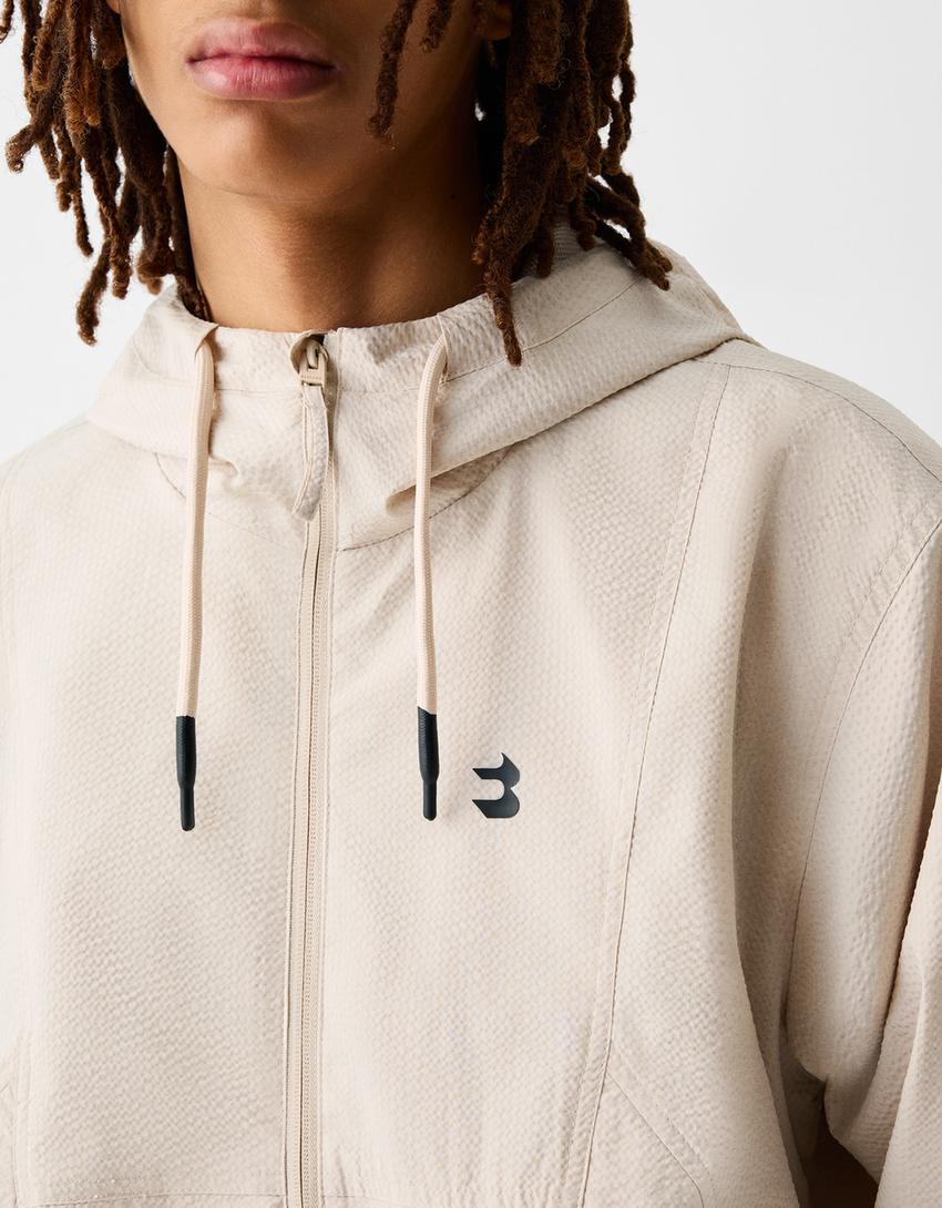 Casaco capuz efeito enrugado-Areia-5