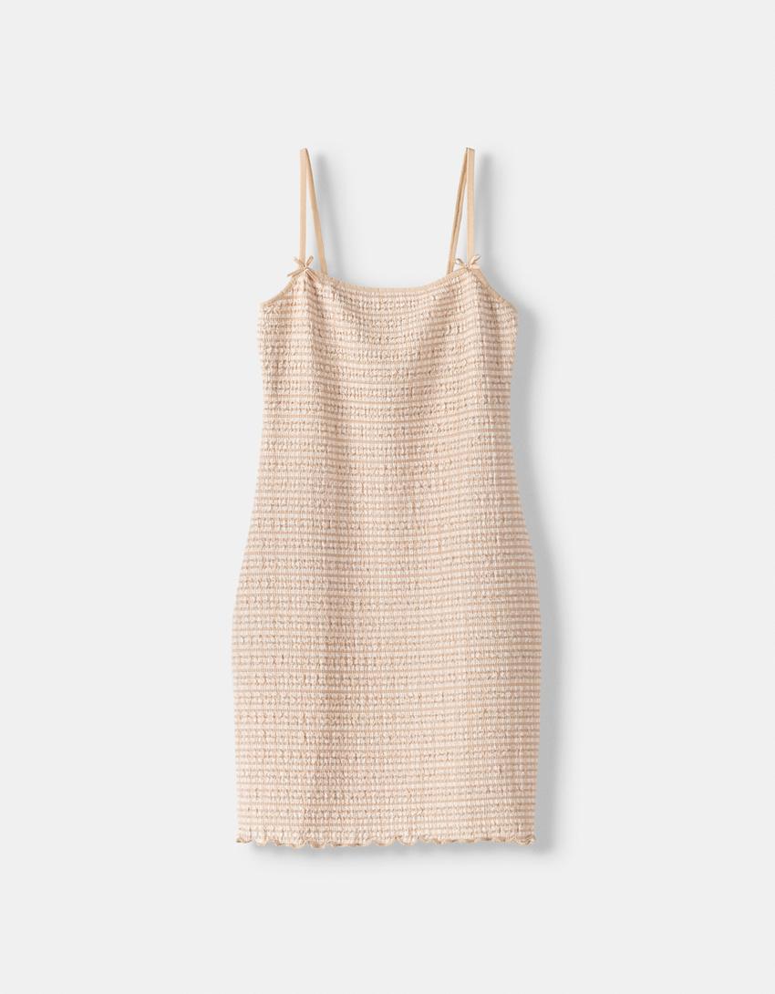 Vestido mini rústico alças pormenor laço-Bege-4