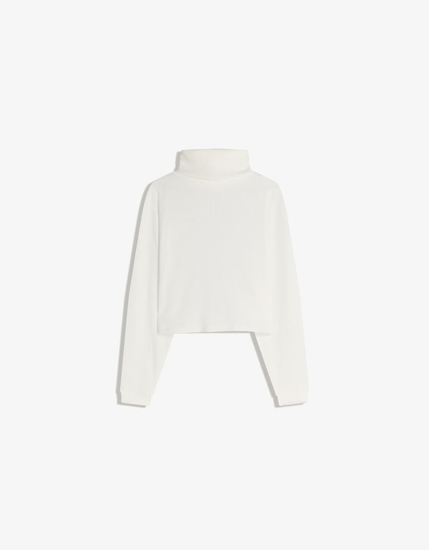 High neck ribbed sweater-Cream