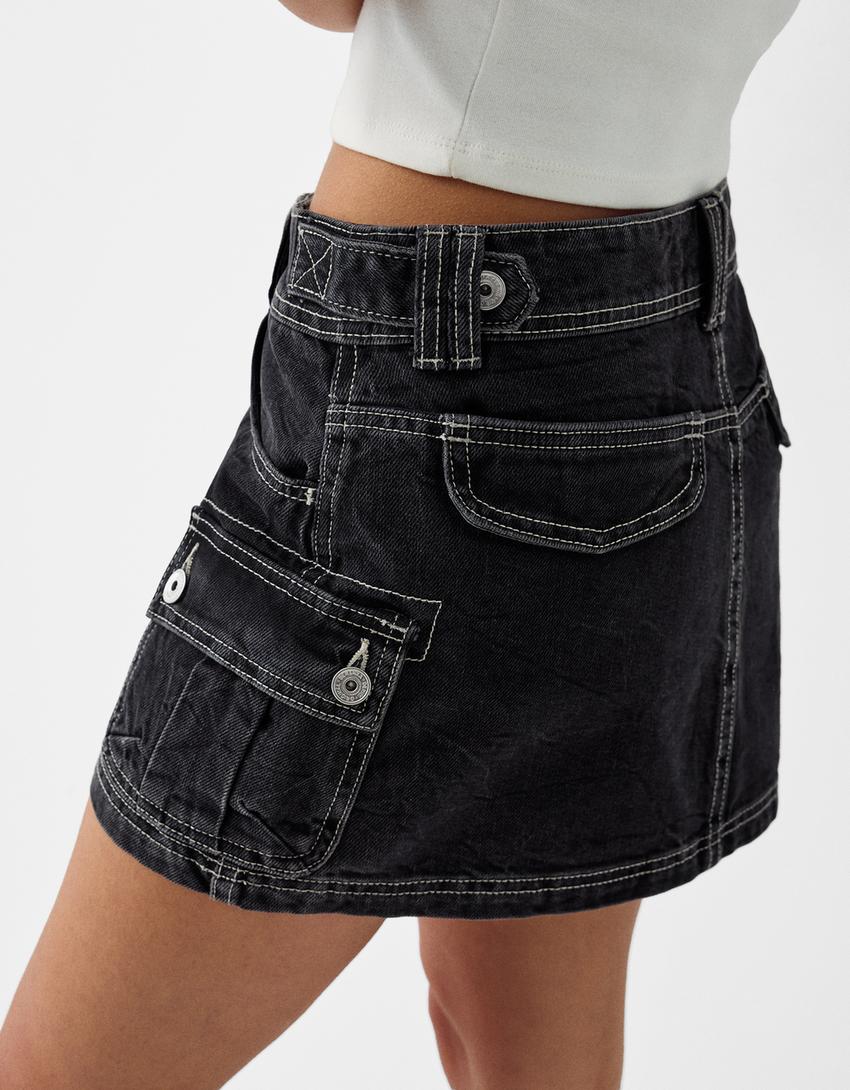 Mini-jupe denim cargo-Noir-5