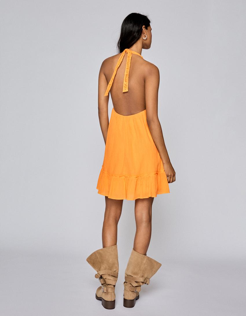 Crochet halter mini dress-Orange