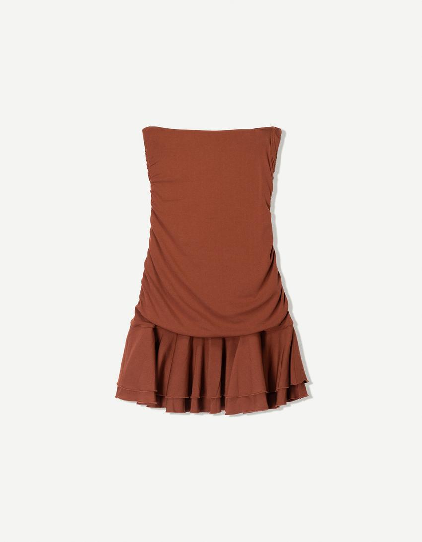 Vestido mini drapeado volantes-Marrón-5