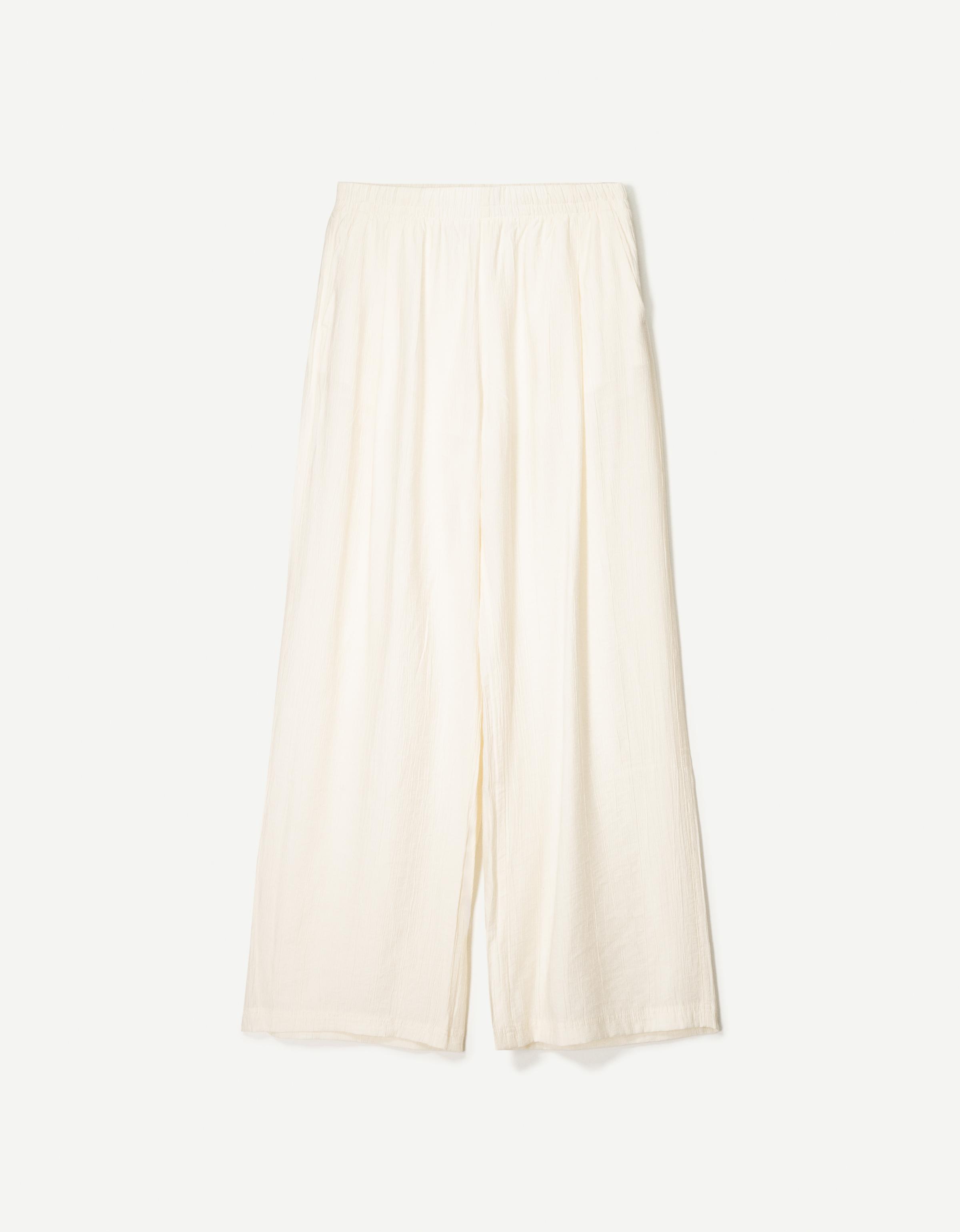 Flowing wide-leg textured trousers with drawstring — Cream
