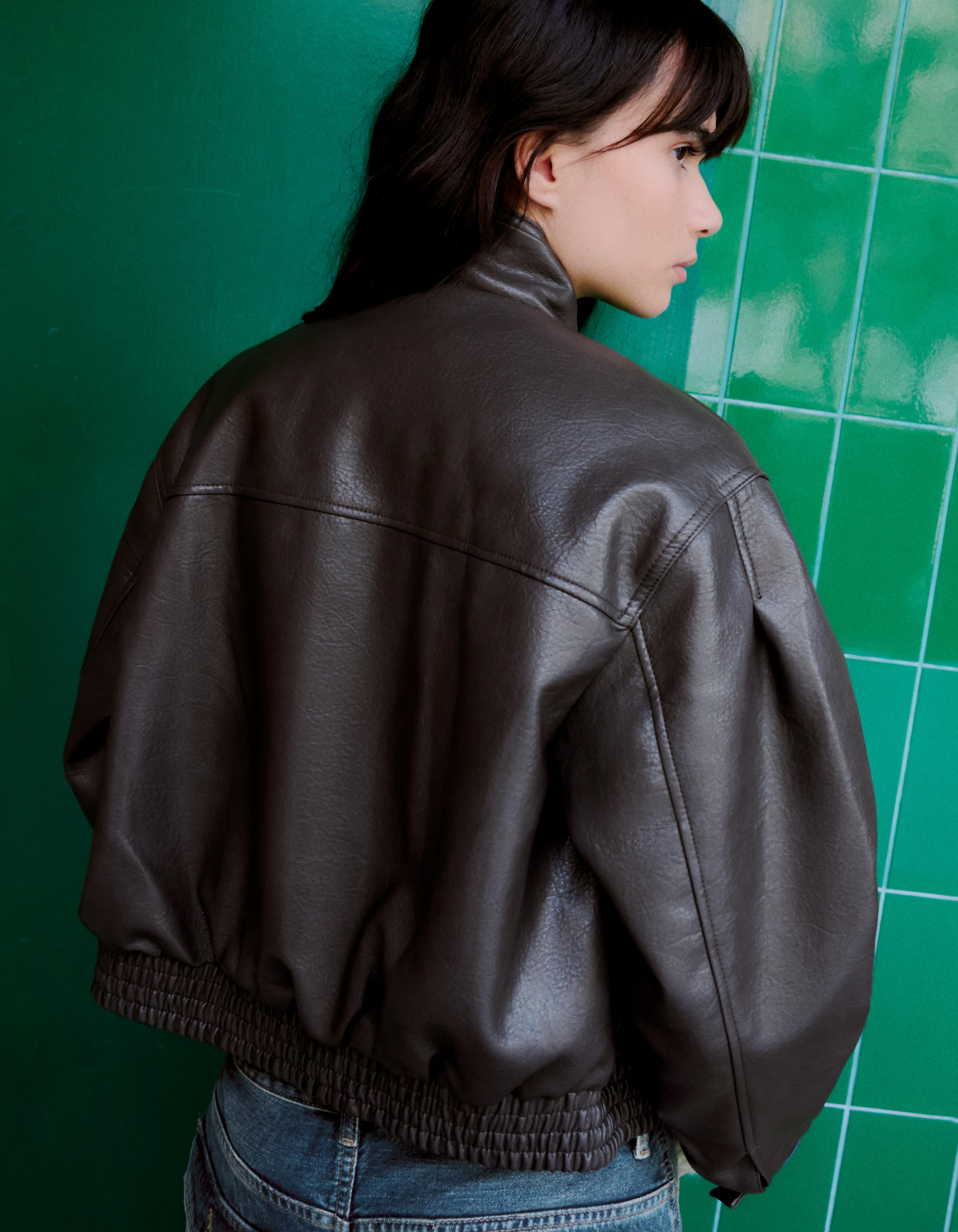 Oversize leather effect jacket with crossover collar — Grey