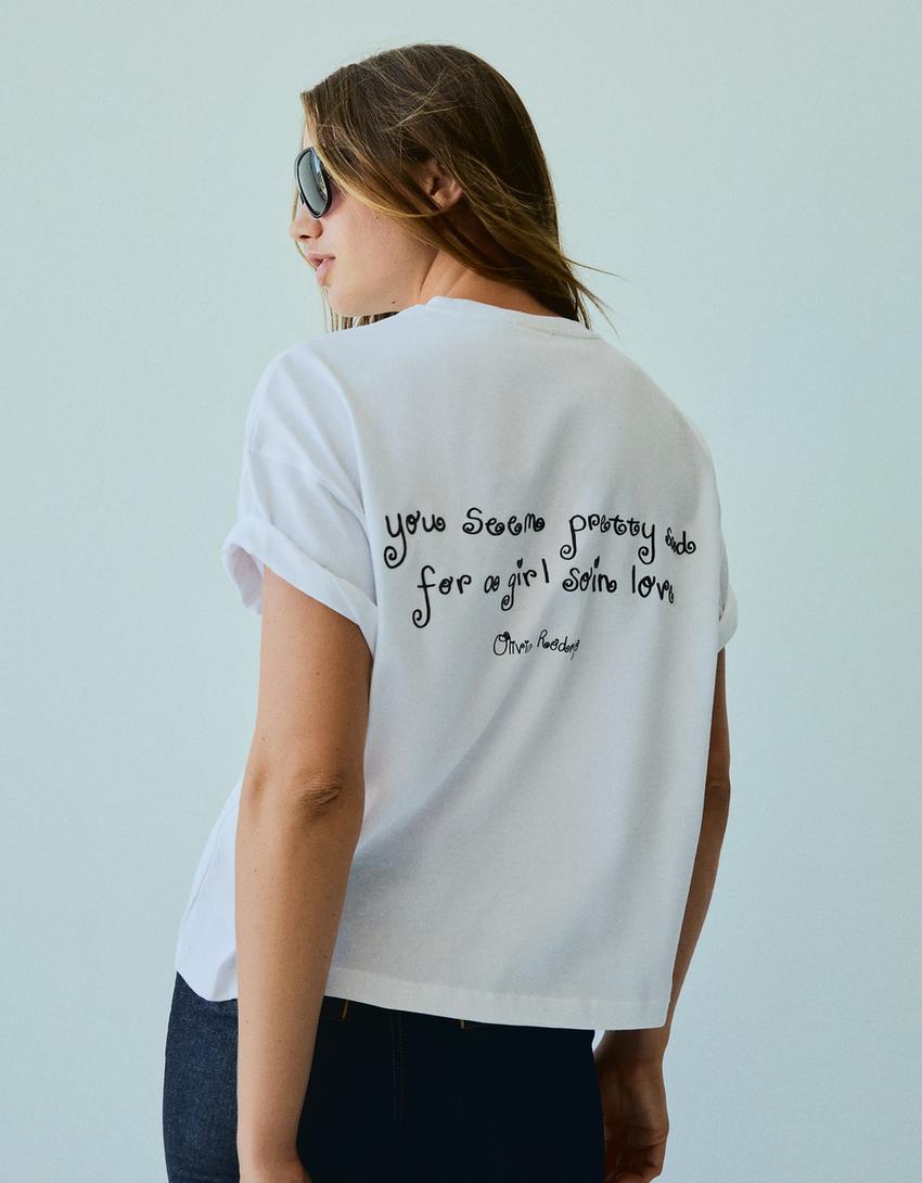 OLIVIA RODRIGO baskılı oversize t-shirt-Kirli beyaz