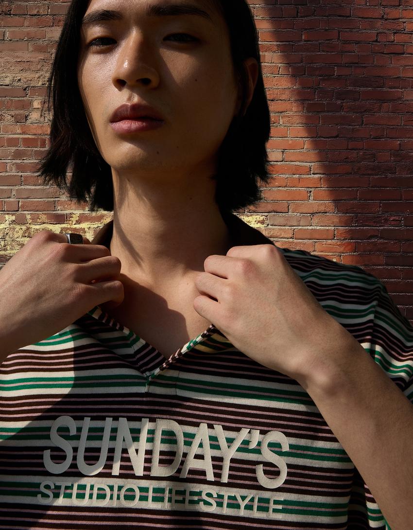 Embroidered stripe short sleeve polo shirt-Brown