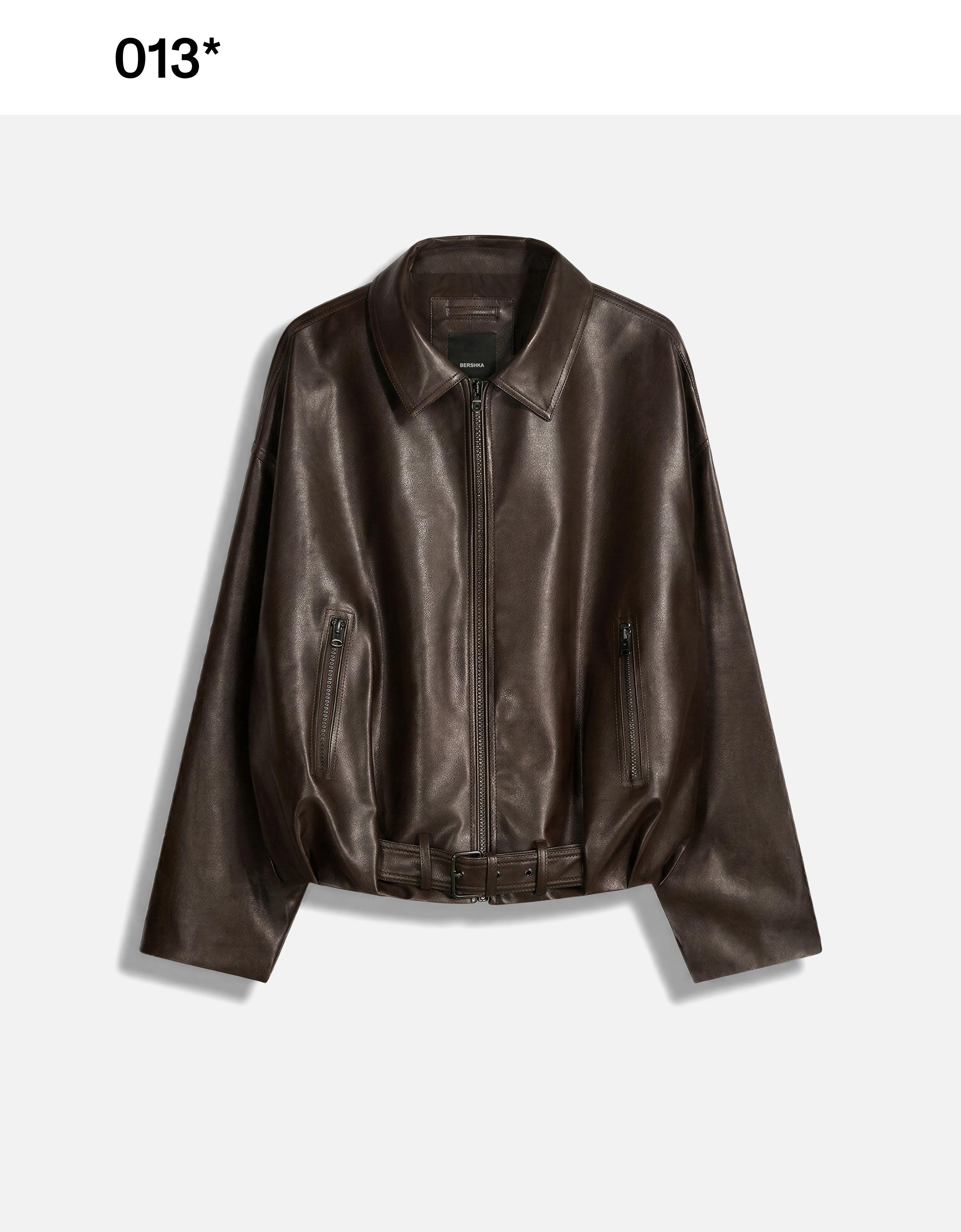 Leather effect bomber jacket with belt — Brown