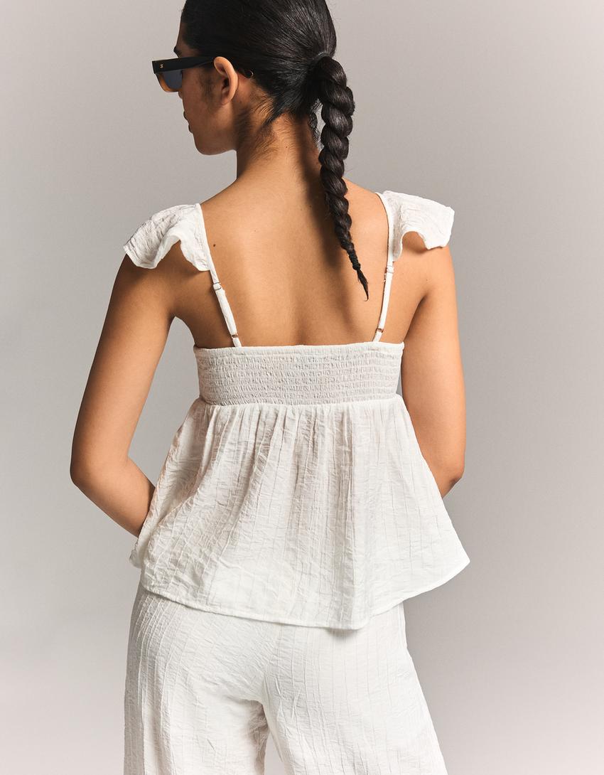 Shirred strap top-White