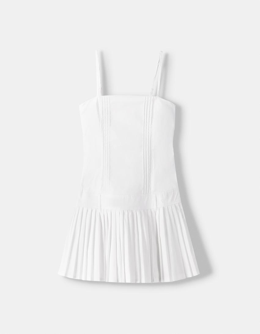 Strappy poplin dress with box pleat skirt-White