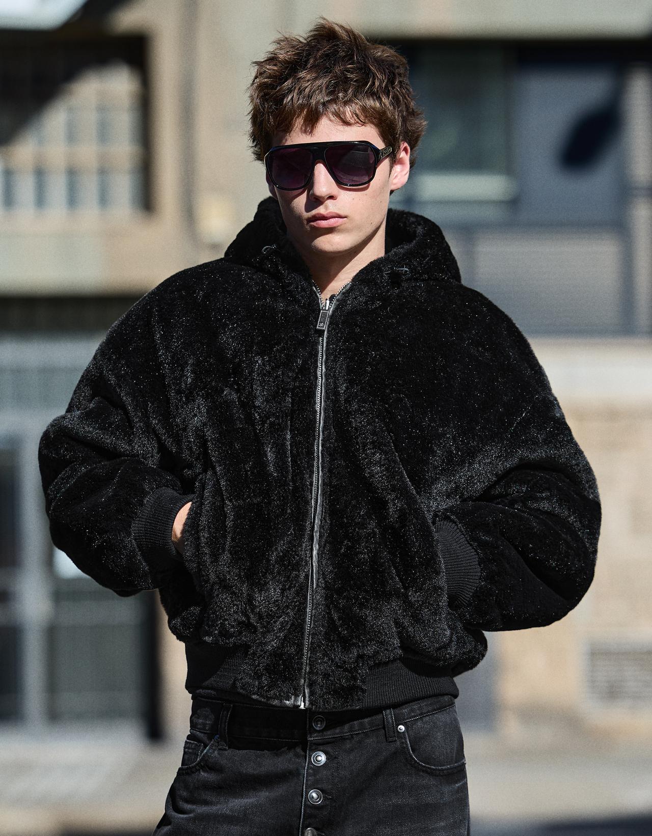 Reversible hood faux fur jacket — Black