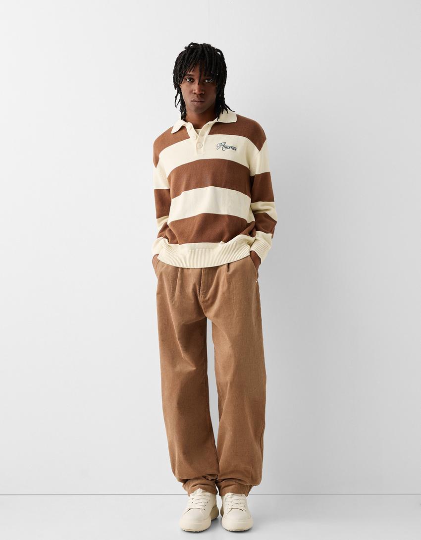 Pull col polo rayures broderie-Marron-3