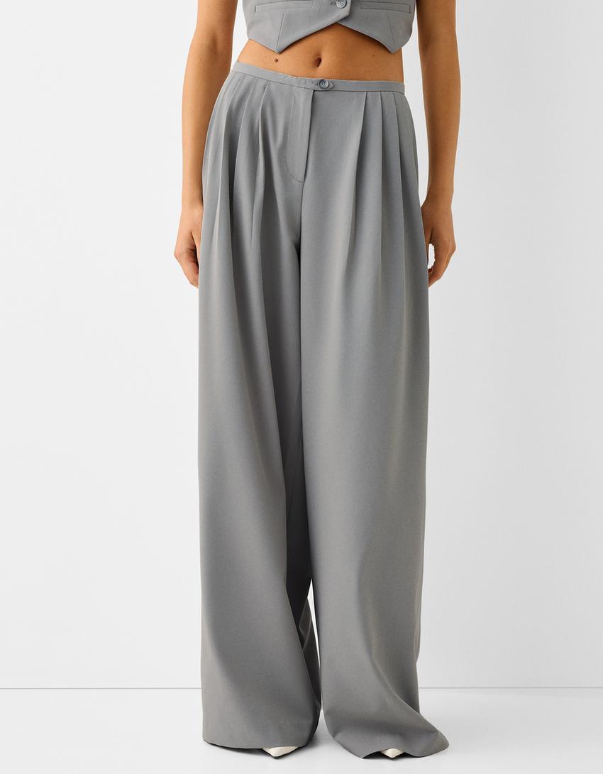 بنطال رسمي بليسيه واسع الساقين-رمادي-1