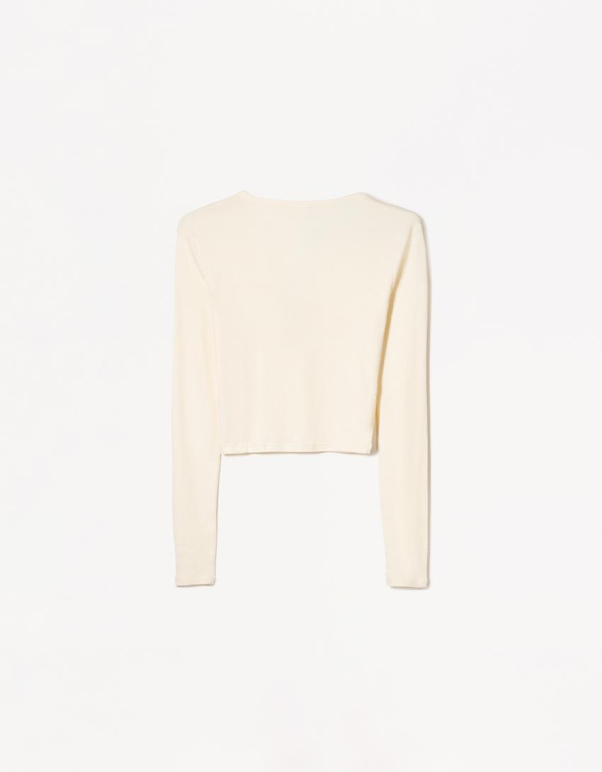 Long sleeved button neck top-Beige-5