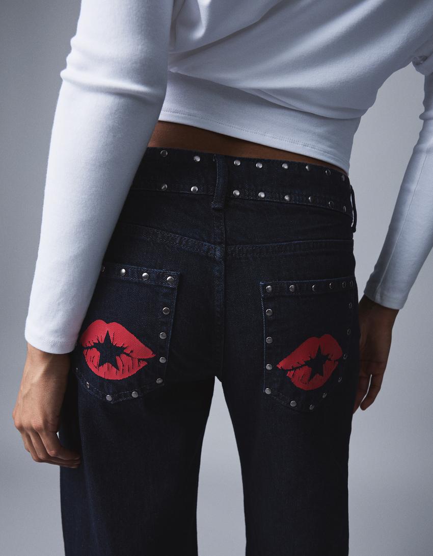 Jeans baggy low-rise dengan stud-Navy