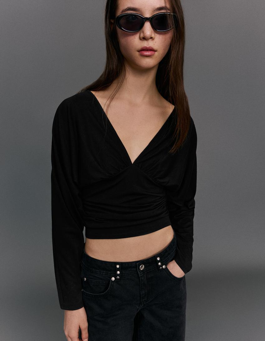 Langarmshirt mit Raffung-Schwarz