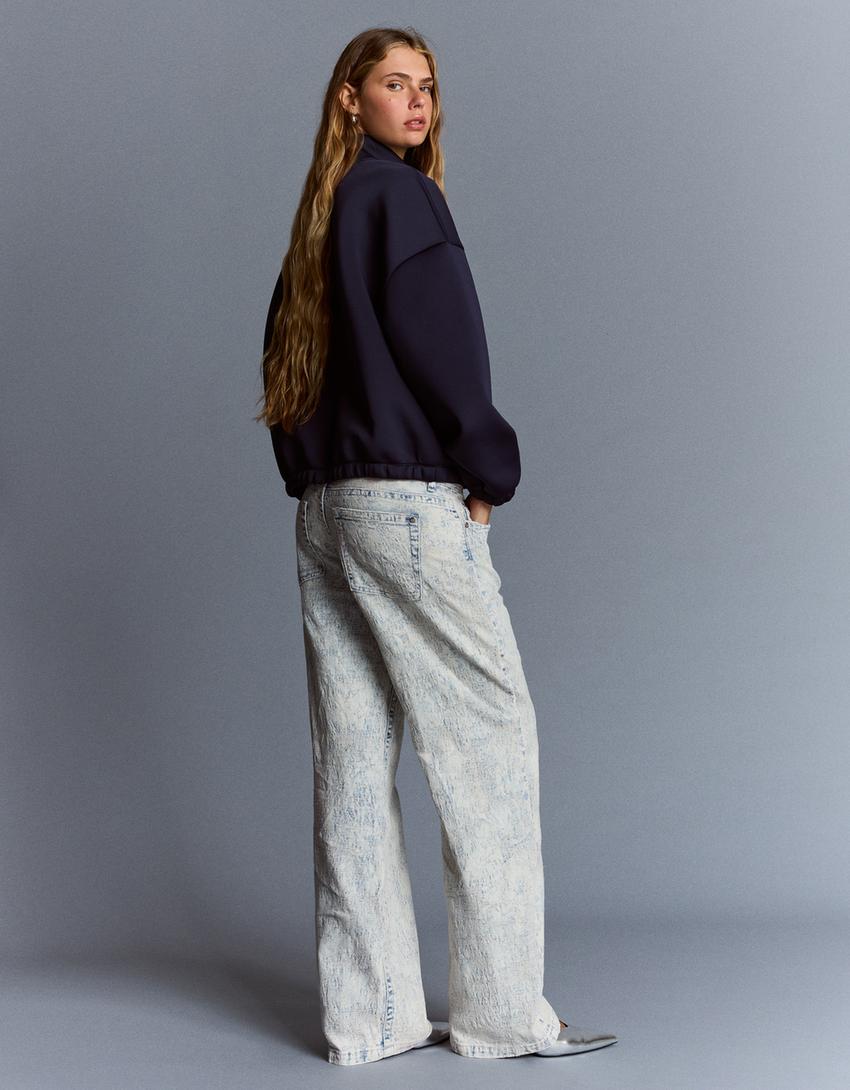 Jacquard baggy jeans met lage taille-Gewassen blauw-1