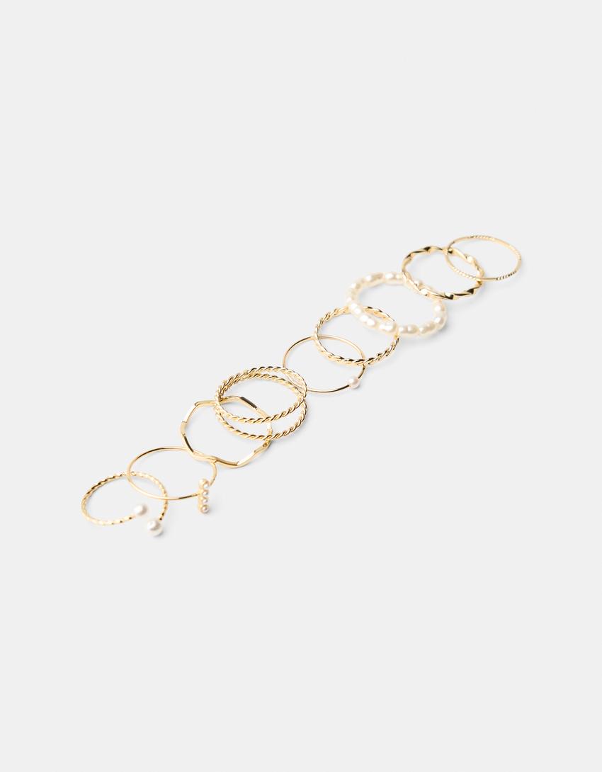 DESIGN - Lot De 9 Bagues Avec Détail En émail Noir - Doré