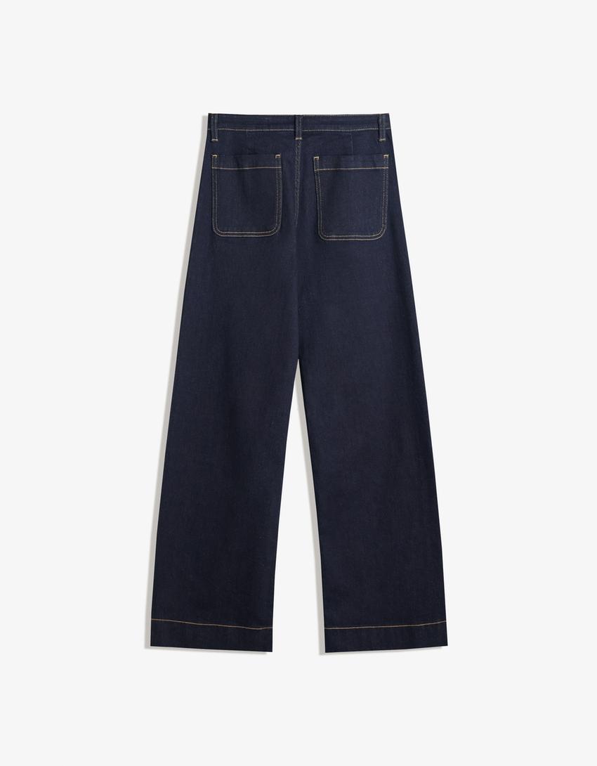 Jeans wide leg sans coutures poches-Marine