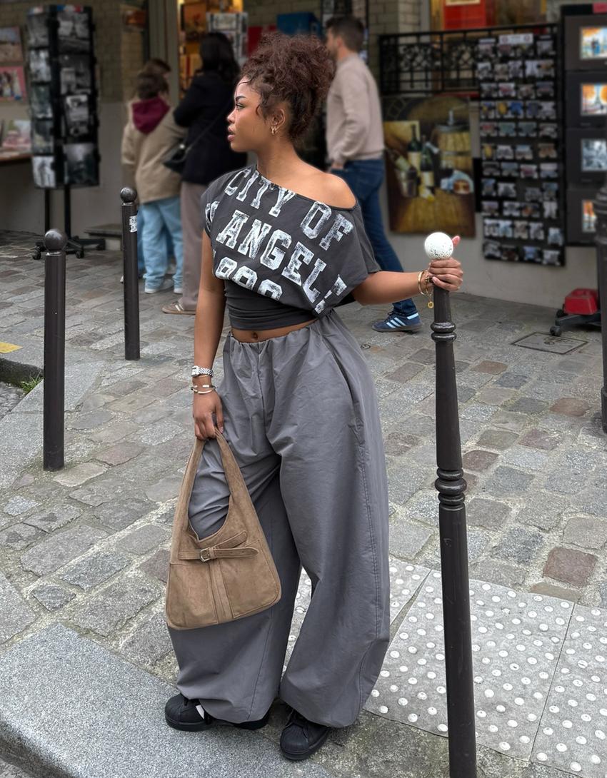 Short sleeve asymmetric print T-shirt-Dark grey