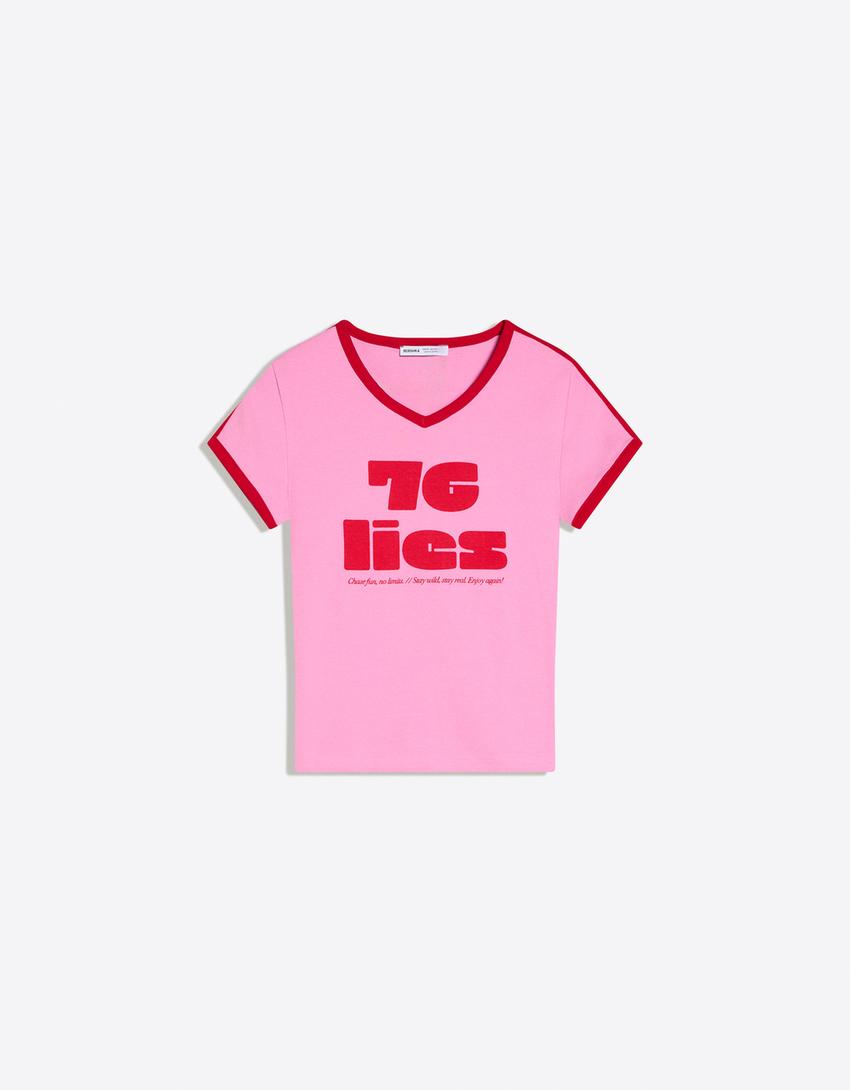 Camiseta manga corta contraste print-Rosa