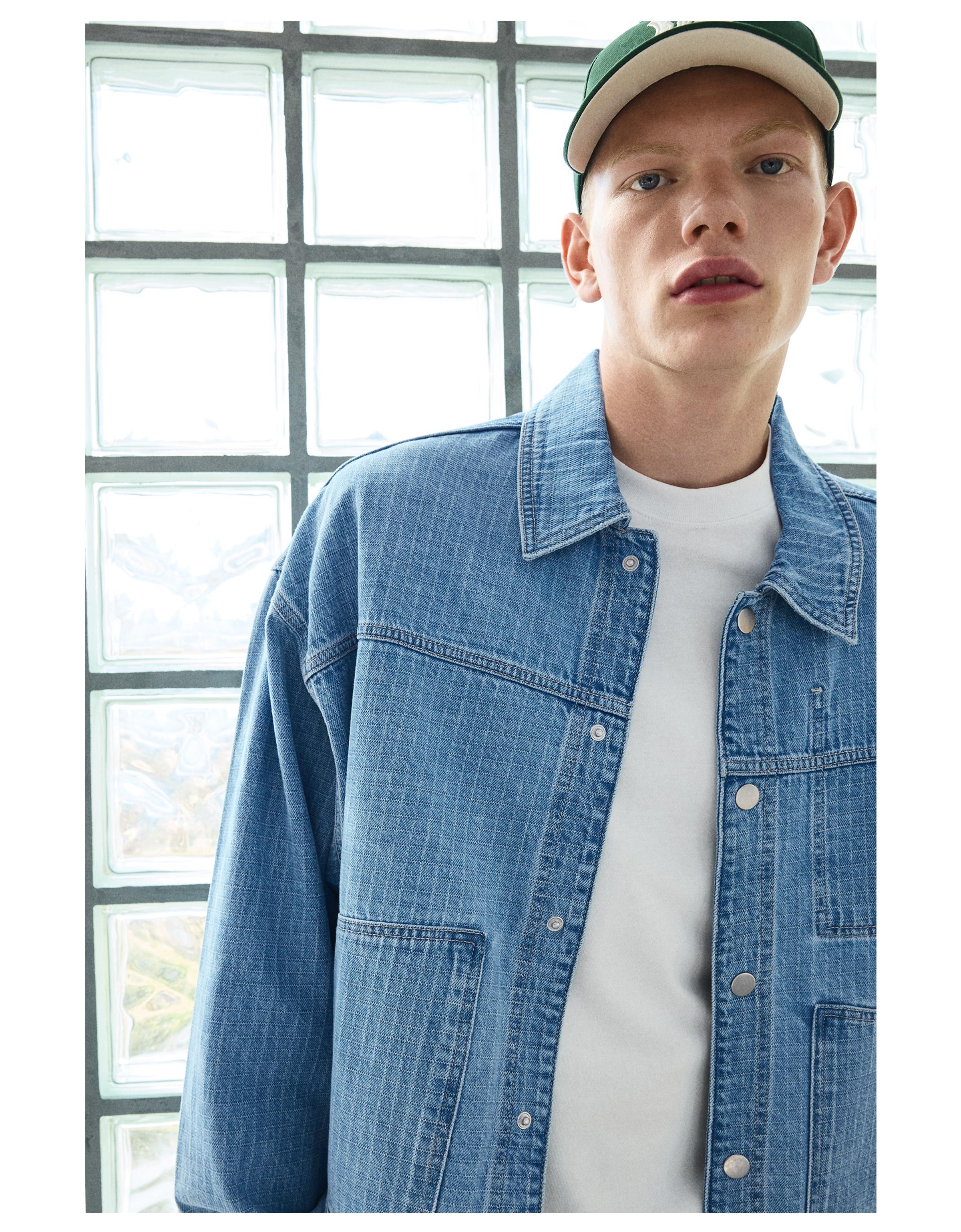 Check texture denim shirt — Light blue