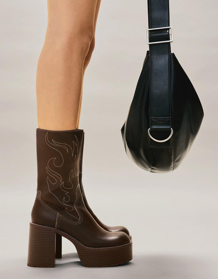 Bottines talon large plateforme-Marron-2