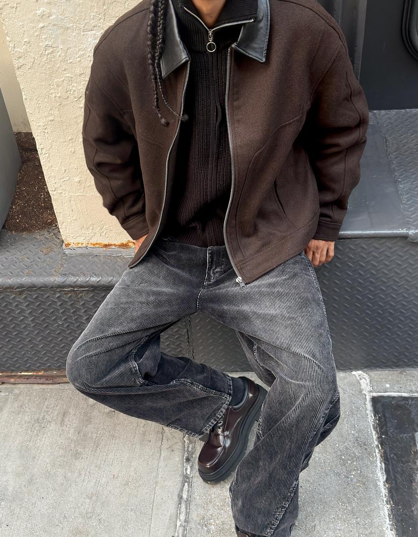 Synthetic wool jacket with contrast collar-Brown