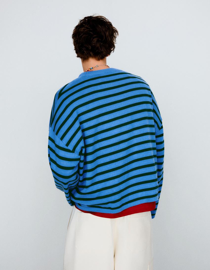 Maglia Boxy fit a righe ricamate-Azzurro