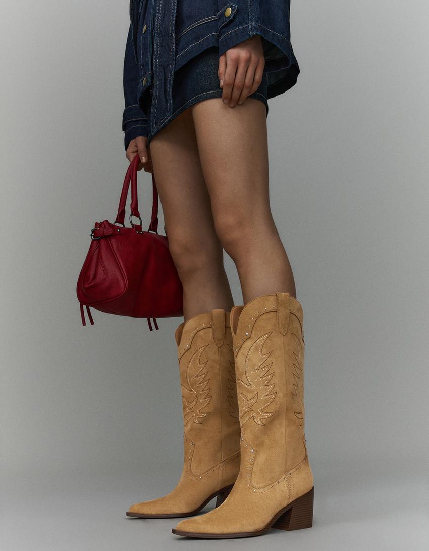 Čizma sa kaubojskom štiklom i nitnama-BEŽ