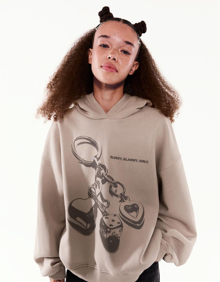 Zip-up print hoodie-Grey
