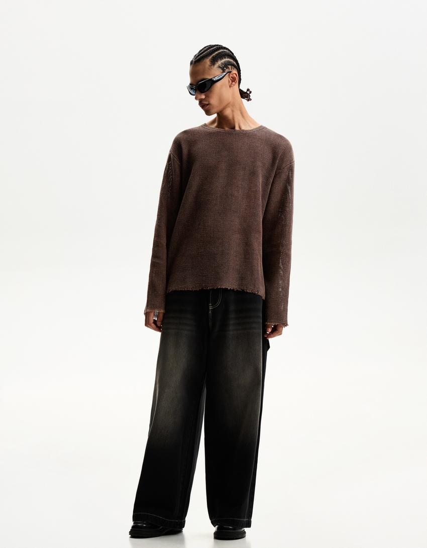 Langärmeliges Shirt mit Mesh-Braun-3