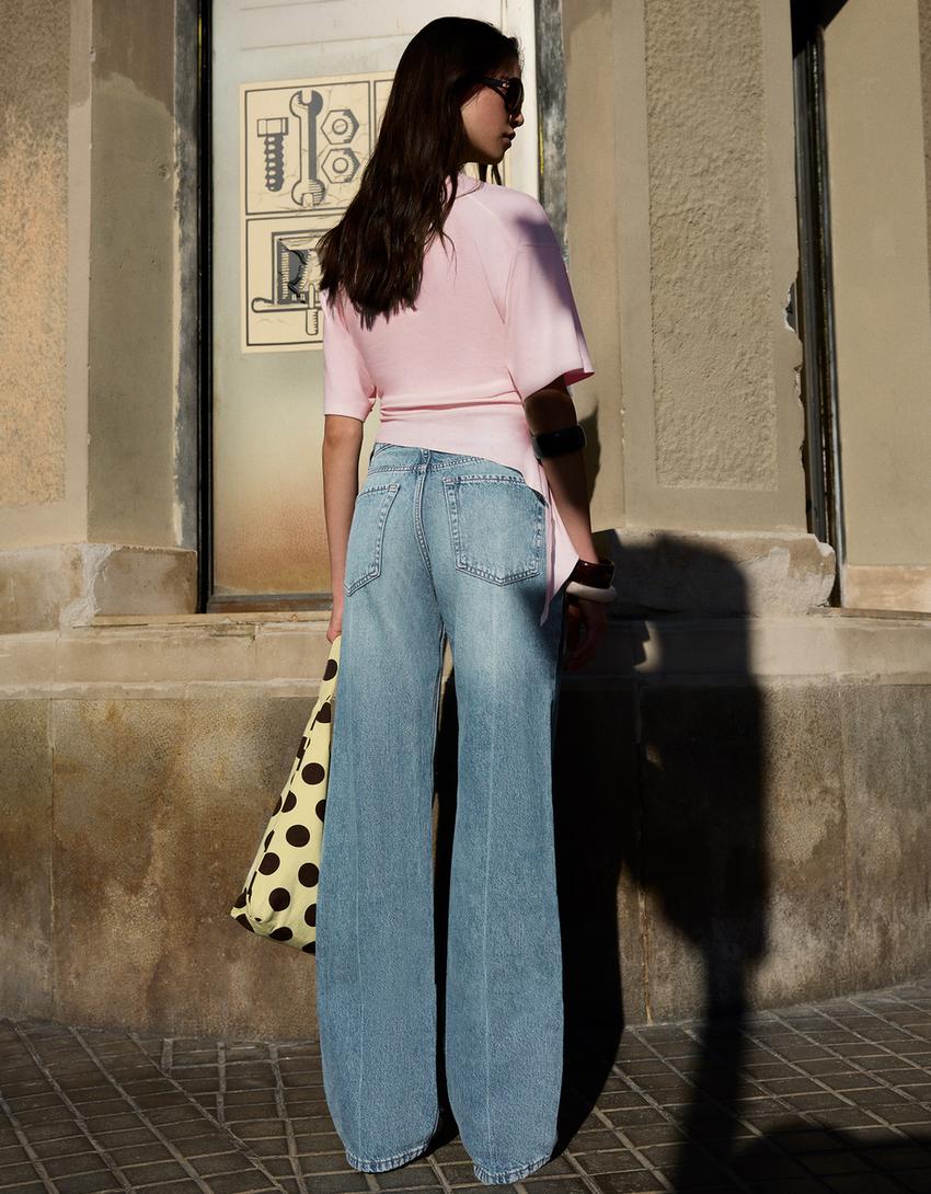 Yüksek bel straight fit geniş paça jean-Açık mavi