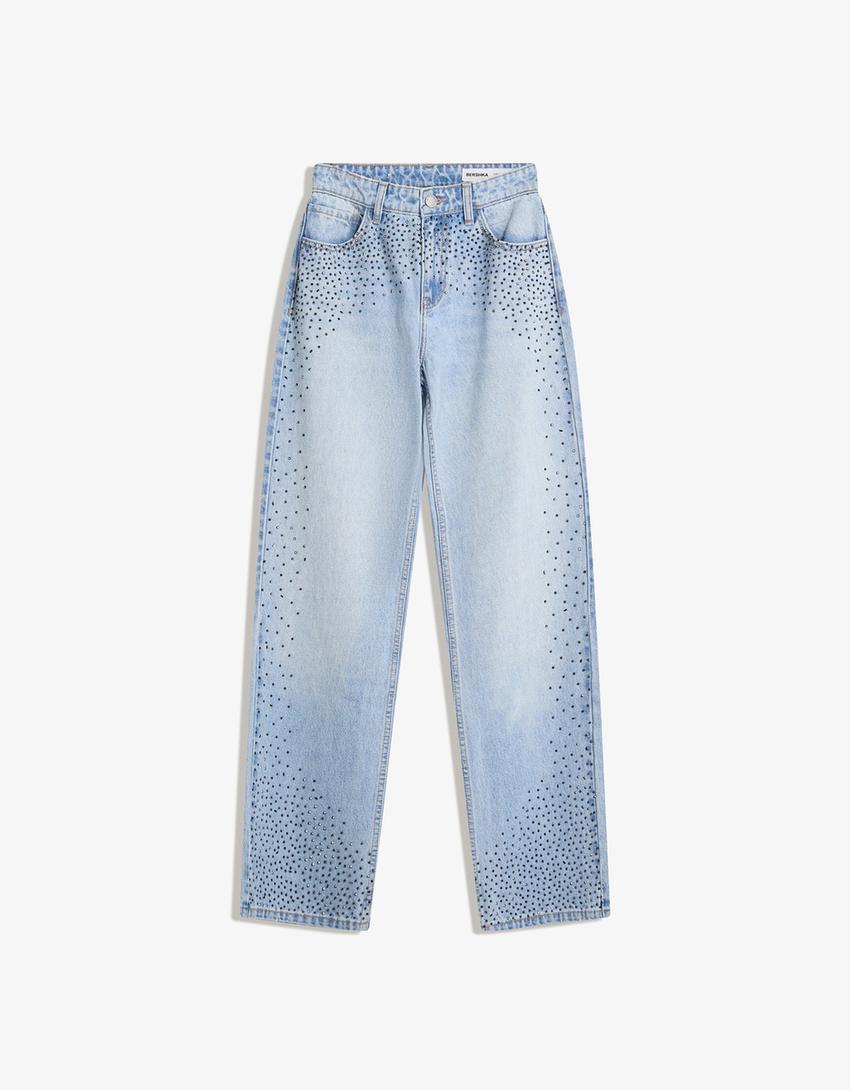 Straight wide-leg jeans with rhinestones-Light blue-3