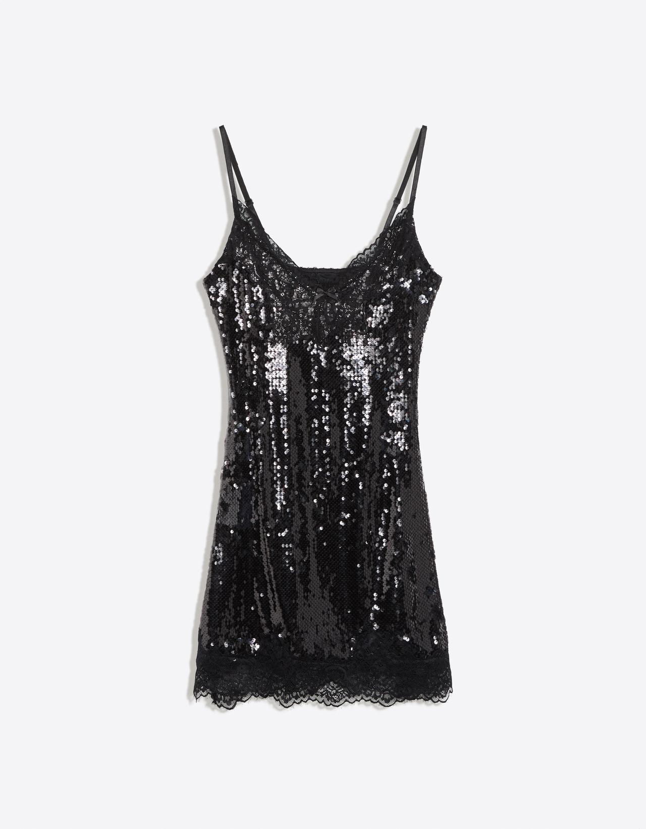 Sequin lace strappy mini dress — Black