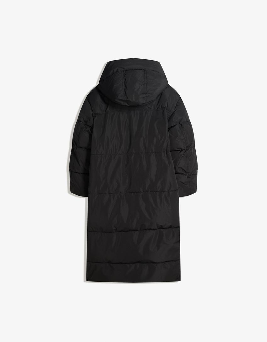 Long hooded puffer coat-Black