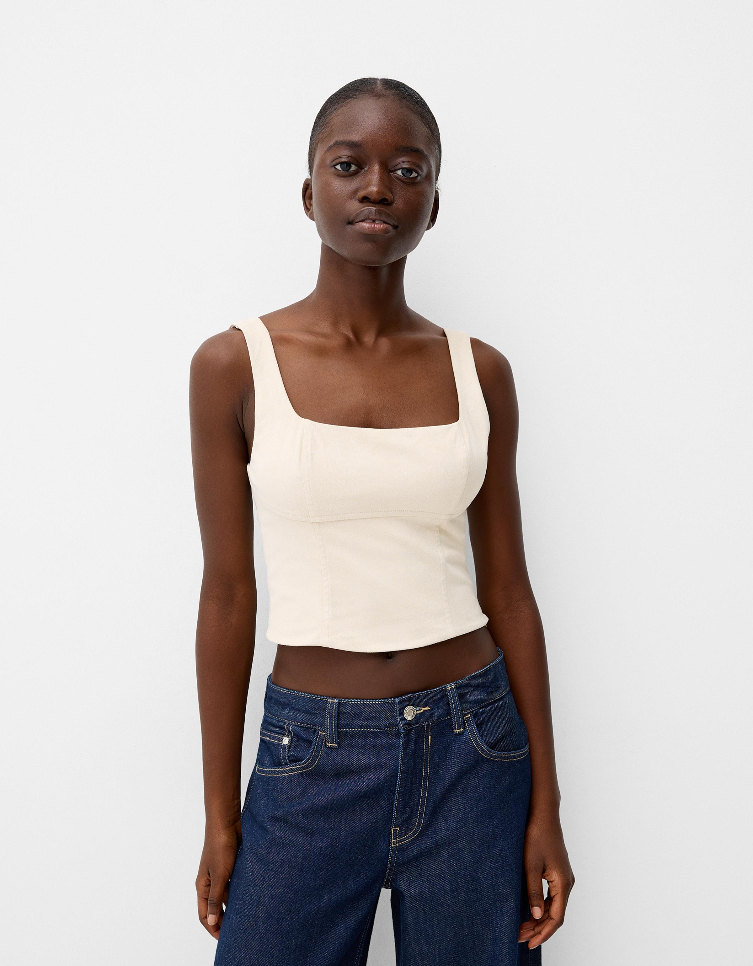 Bershka Körpernah Geschnittenes Top Damen L Beige