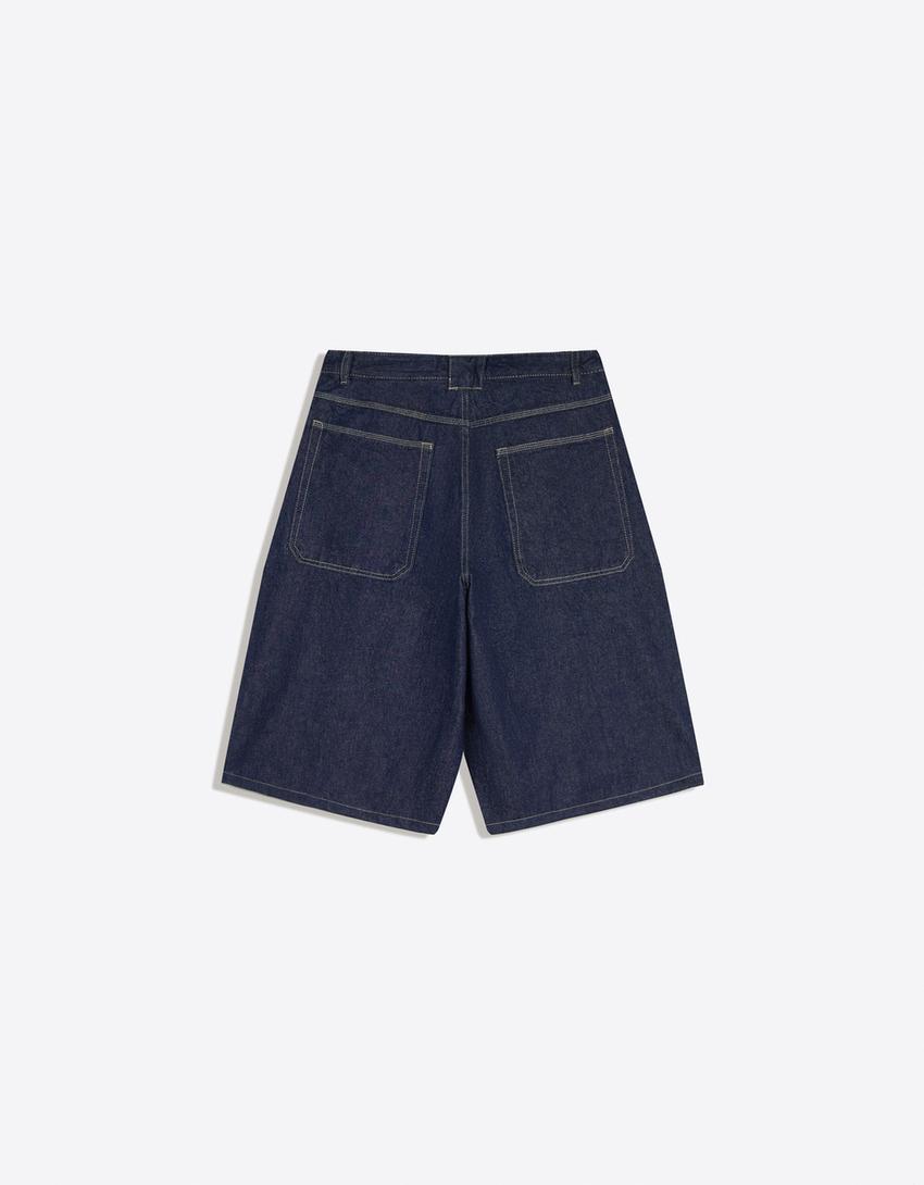 Barrel leg denim Bermuda shorts-Navy