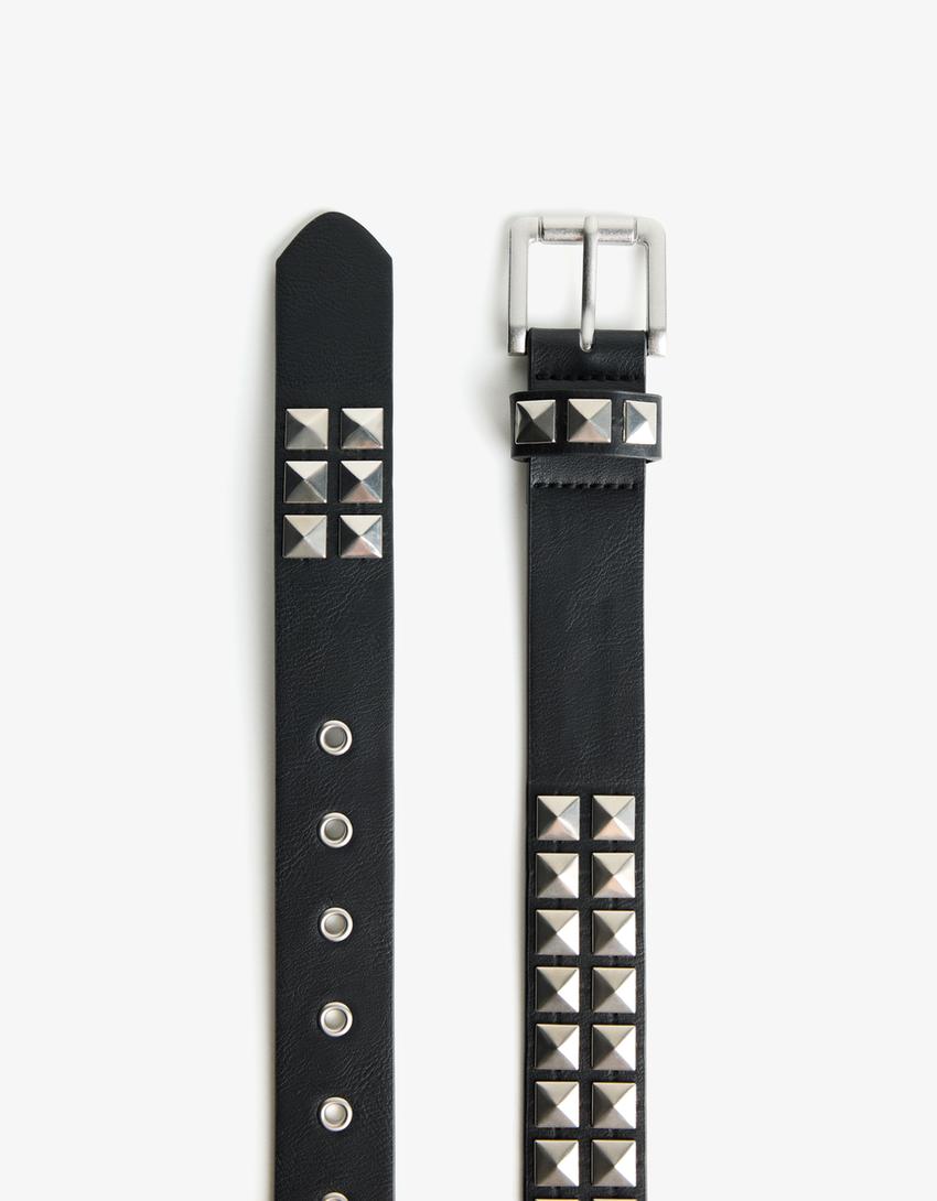 Studded leather effect belt-Black
