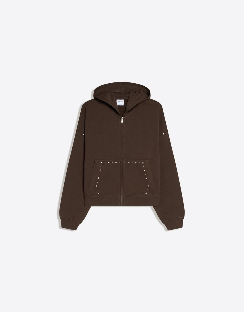 Fermuarlı kapüşonlu zımbalı sweatshirt-Kahverengi
