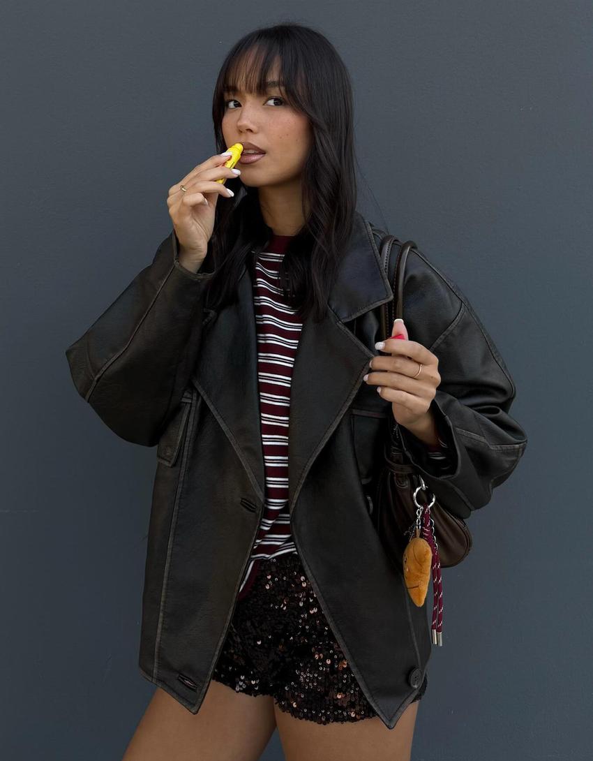 Leather effect jacket with lapel collar-Brown