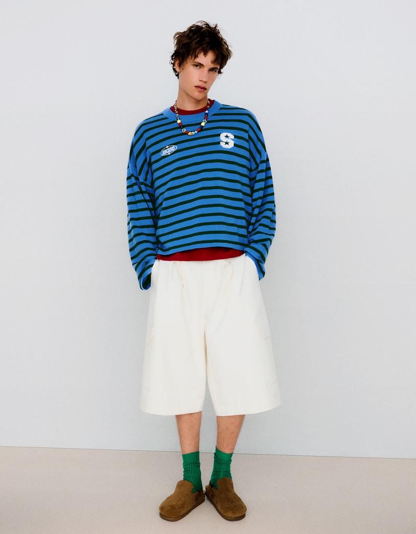 Embroidered striped boxy fit jumper-Blue