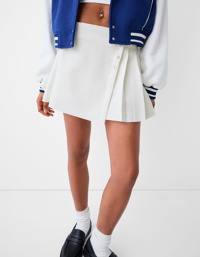 تنورة سكورت سارينغ بثنيات-أبيض مطفي-3