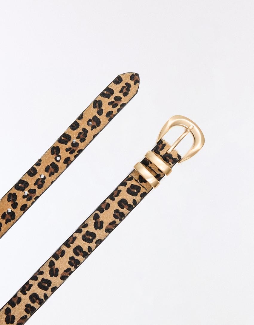 Cintura con fibbia stampa animalier-Marrone