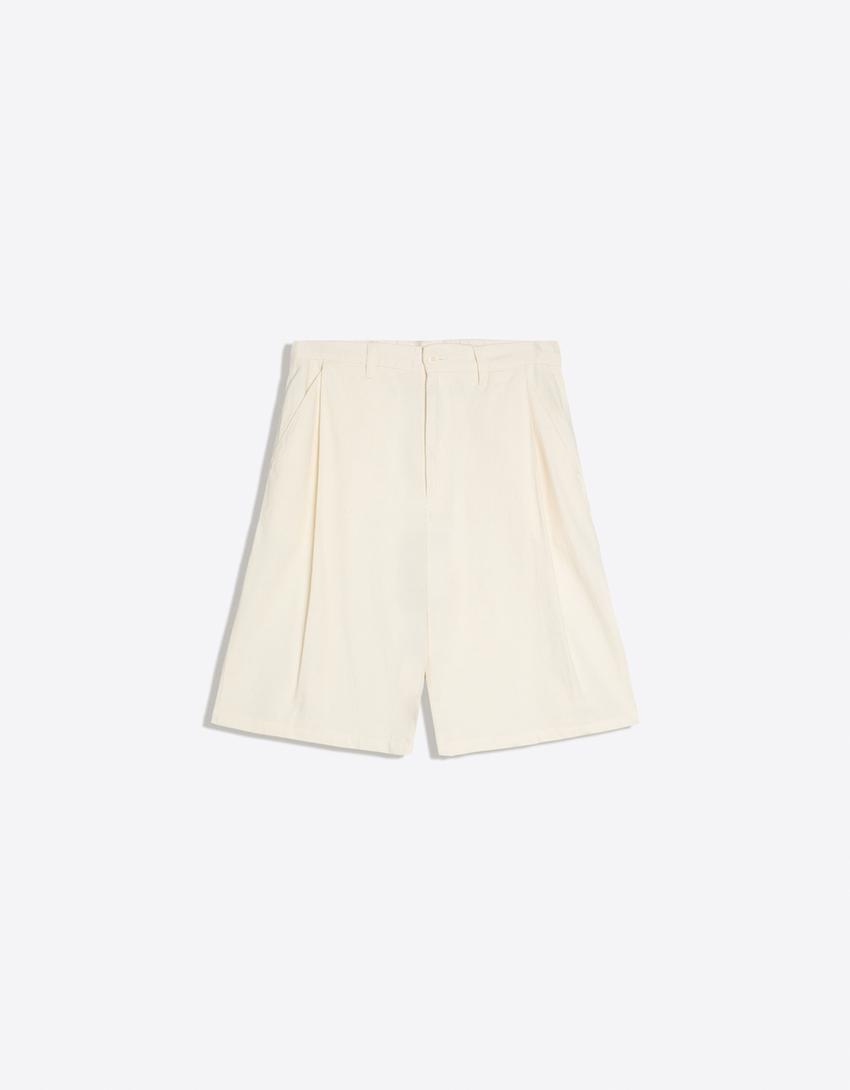 Keten karışımlı super baggy fit bermuda şort-Kirli beyaz
