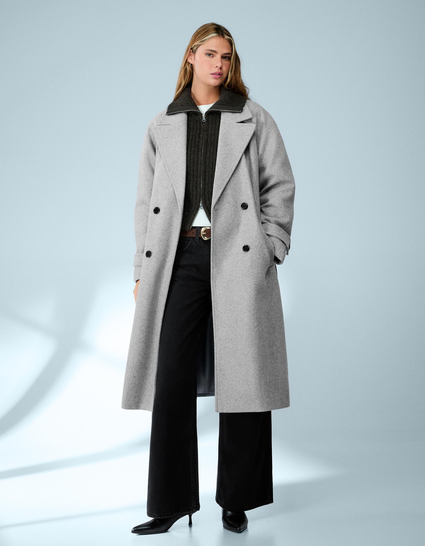 Bershka Abrigo Trench Soft Cinturón Mujer Gris