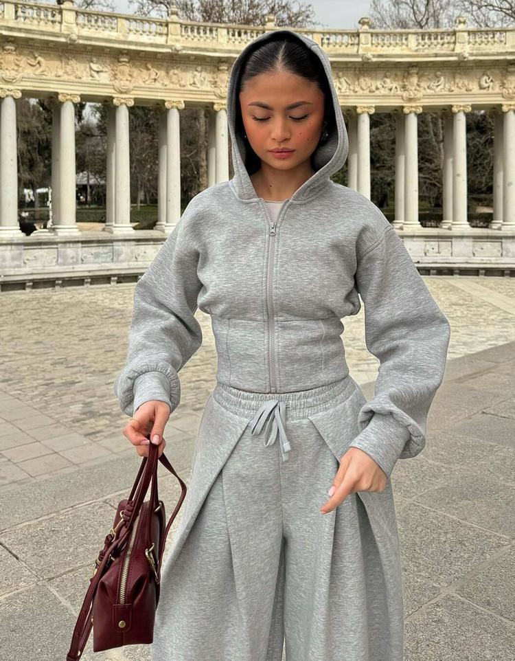 Kapüşonlu fermuarlı yüksek bel sweatshirt