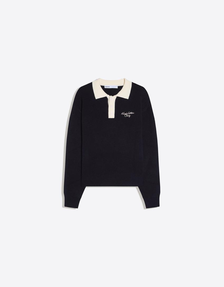 Contrast embroidered polo collar jumper-Navy