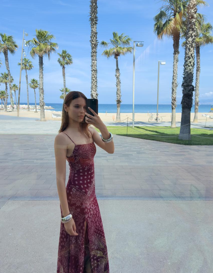 Printed tulle midi dress-Burgundy