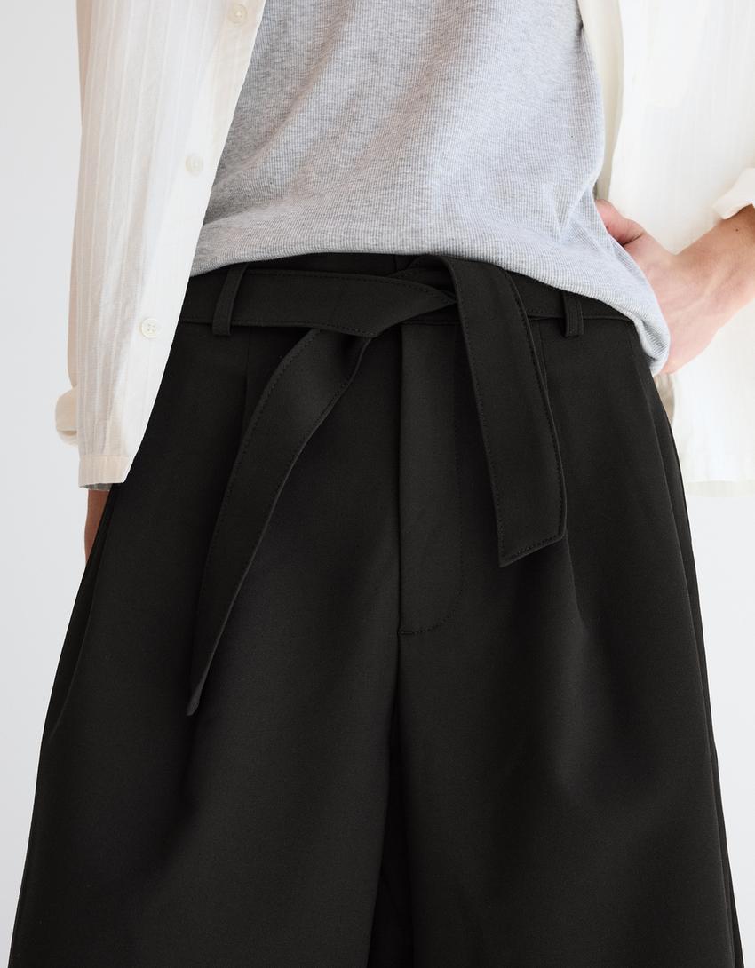 Bermuda wide leg à ceinture-Noir