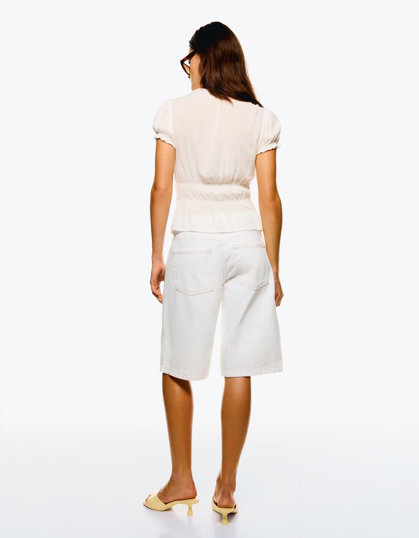 Gathered short sleeve shirt with tie detail-Cream-1